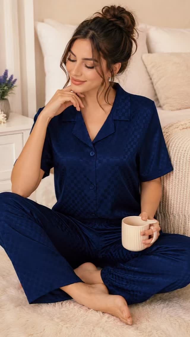 Woman wearing navy Pijamty homewear in a softly styled bedroom